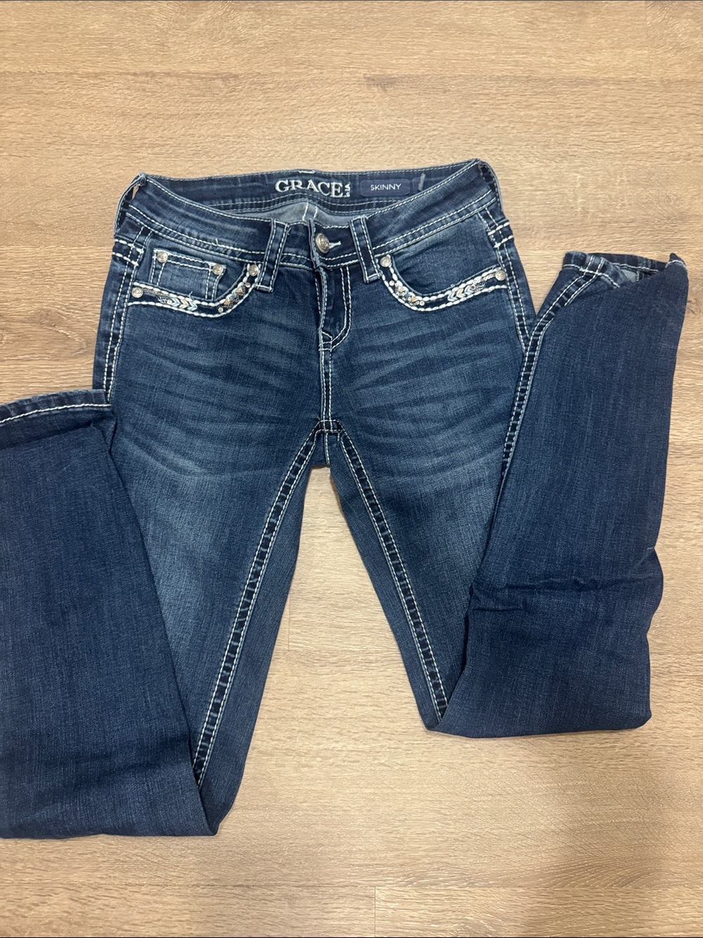 Grace in LA Dark Indigo Skinny Jeans with Embellished Pockets